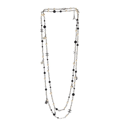 Chanel Pearl Beaded Enamel CC Coco Long Necklace Black Silver 3 of 10