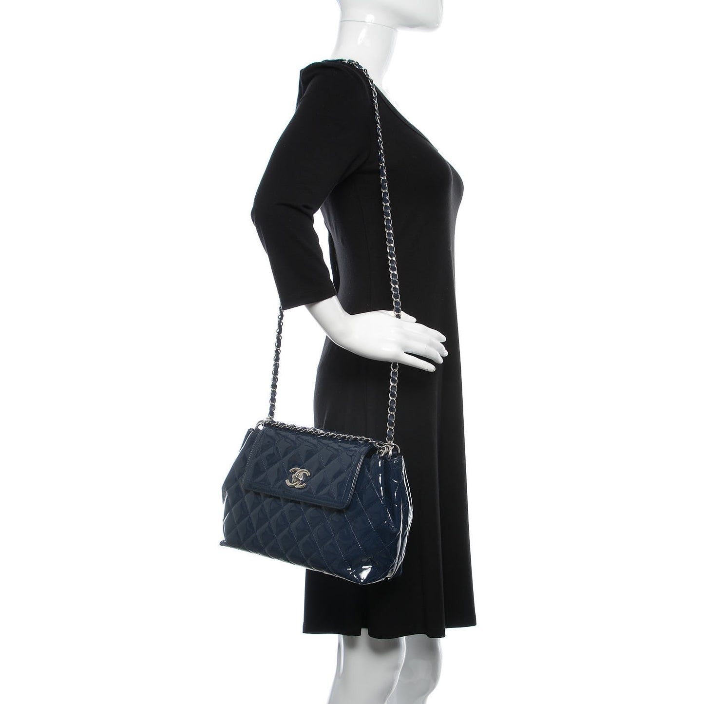Patent Quilted Large Coco Shine Accordion Flap Dark Navy Blue
