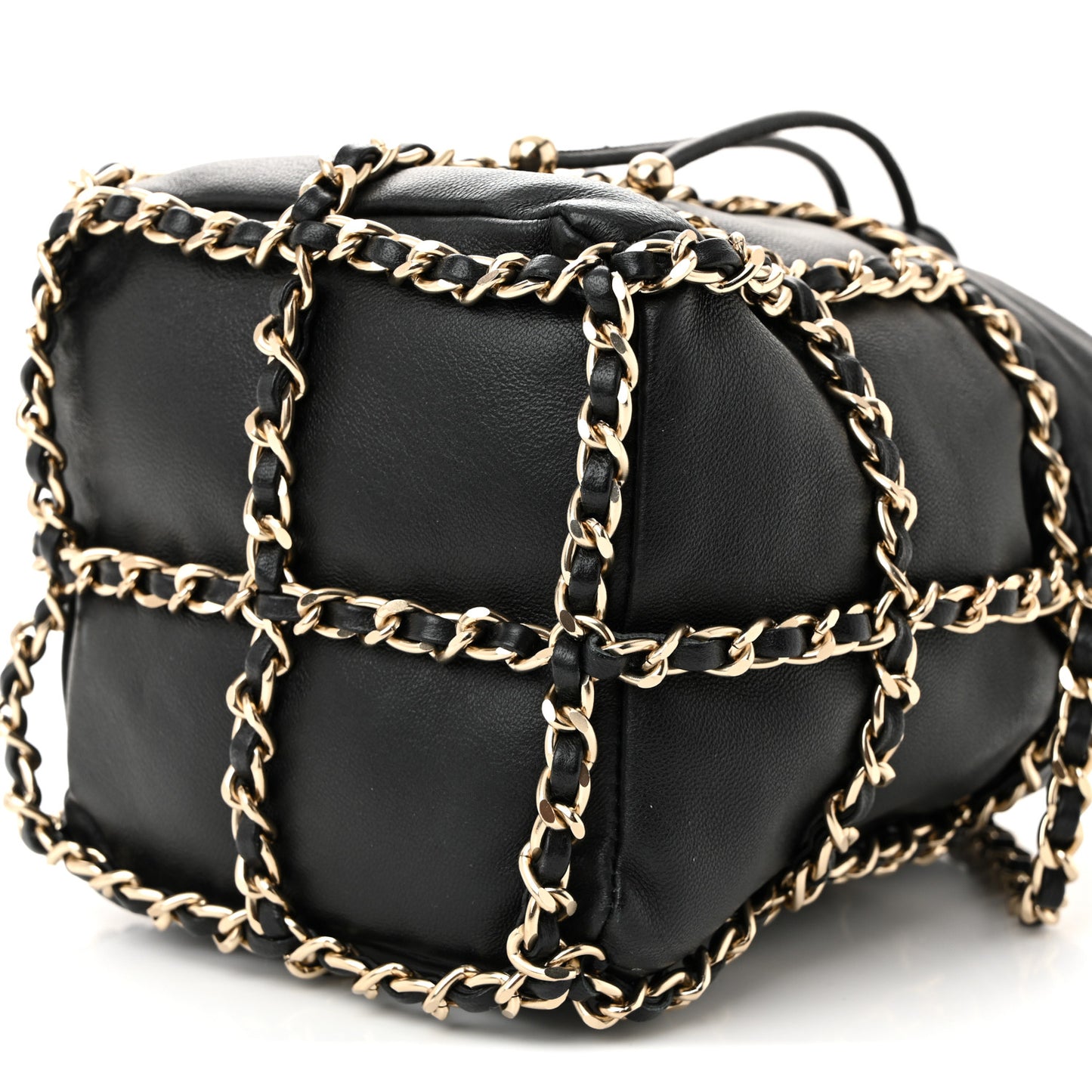 Lambskin Bucket Chain Drawstring Bag Black