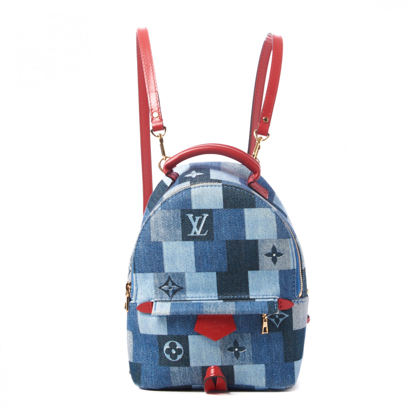 Denim Damier Monogram Patchwork Palm Springs Backpack Mini Blue Rouge