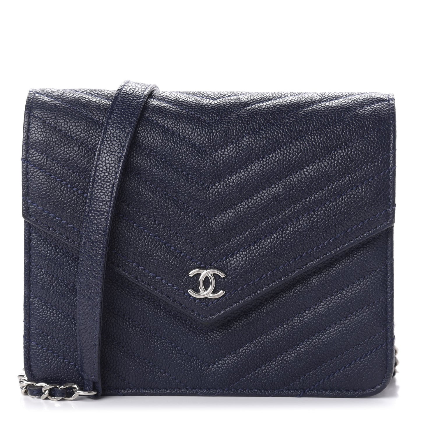 Caviar Chevron Quilted Square Wallet On Chain WOC Blue