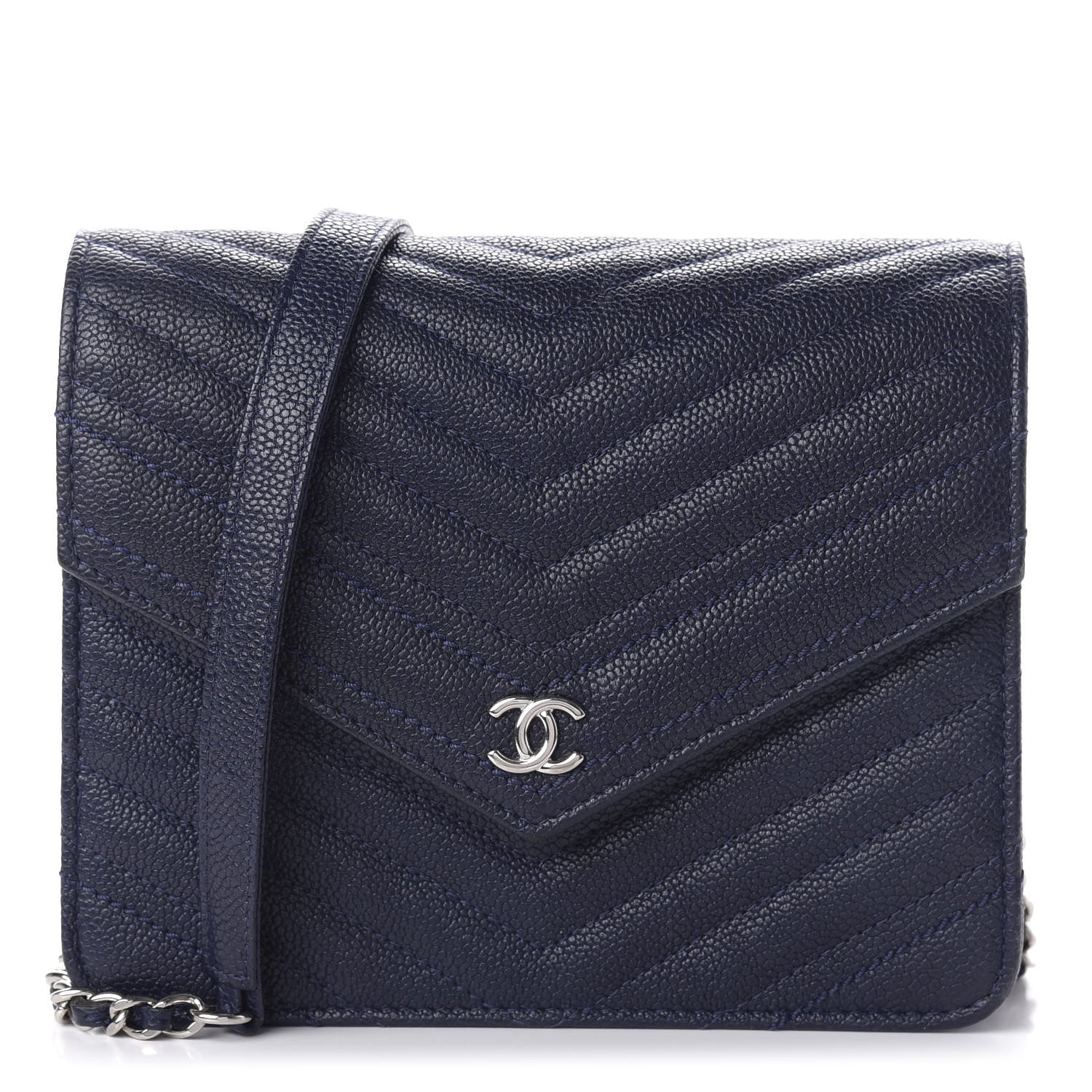 Chanel Caviar Chevron Quilted Square Wallet On Chain WOC Blue 1 of 11