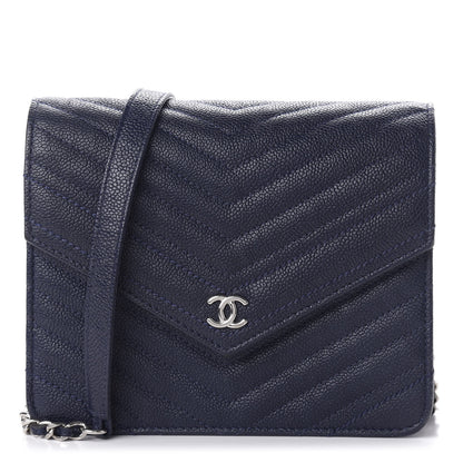 Chanel Caviar Chevron Quilted Square Wallet On Chain WOC Blue 1 of 11