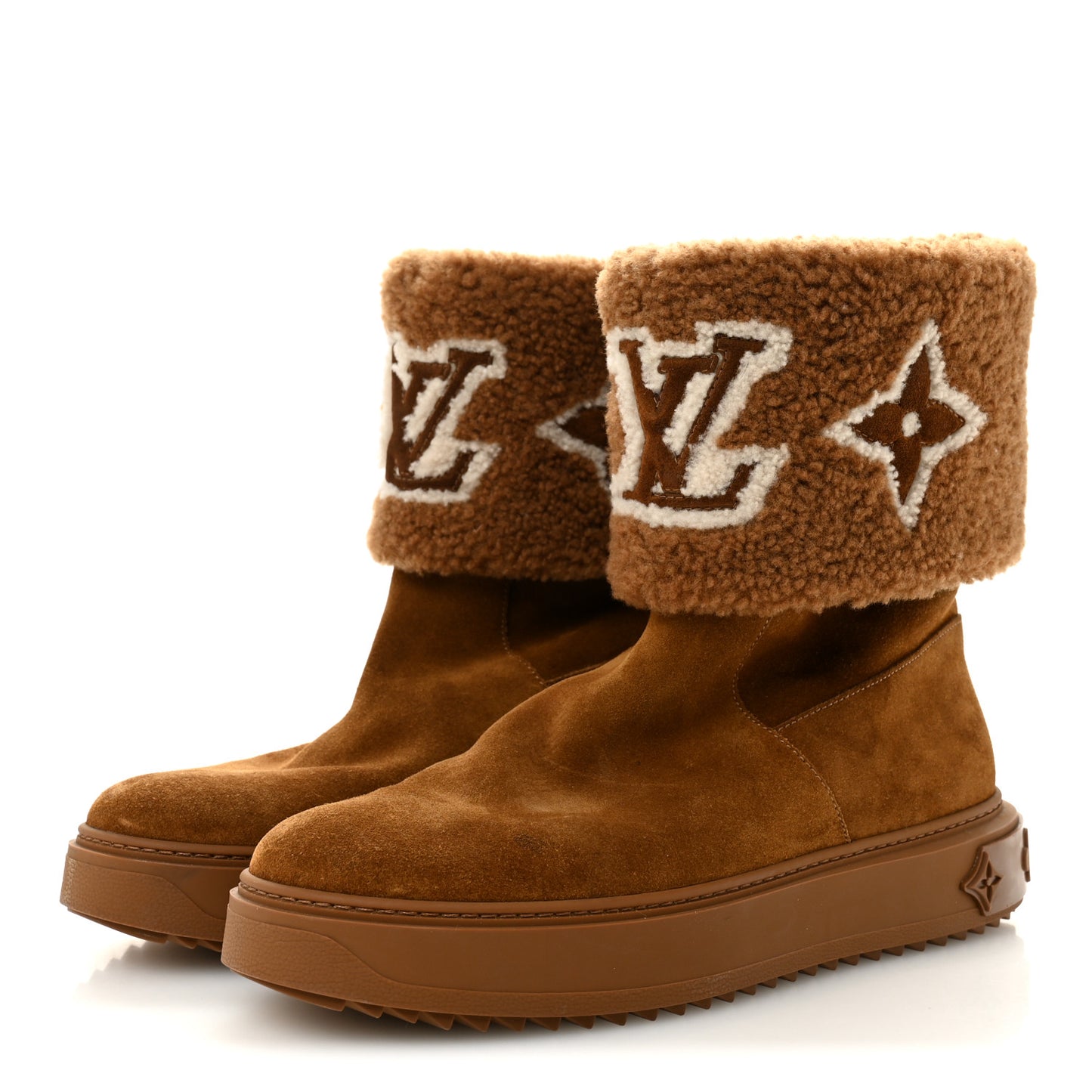 Suede Calfskin Shearling Snowdrop Flat Ankle Boot 40 Cognac