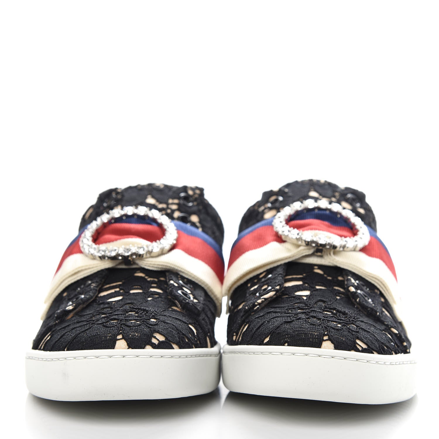 Gucci Lace Crystal Sylvie Web Flower Leaf Womens Ace Sneakers 37.5 Black Tan Beige 2 of 11