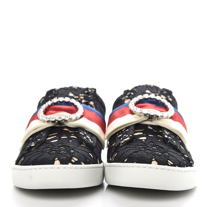 Gucci Lace Crystal Sylvie Web Flower Leaf Womens Ace Sneakers 37.5 Black Tan Beige 2 of 11