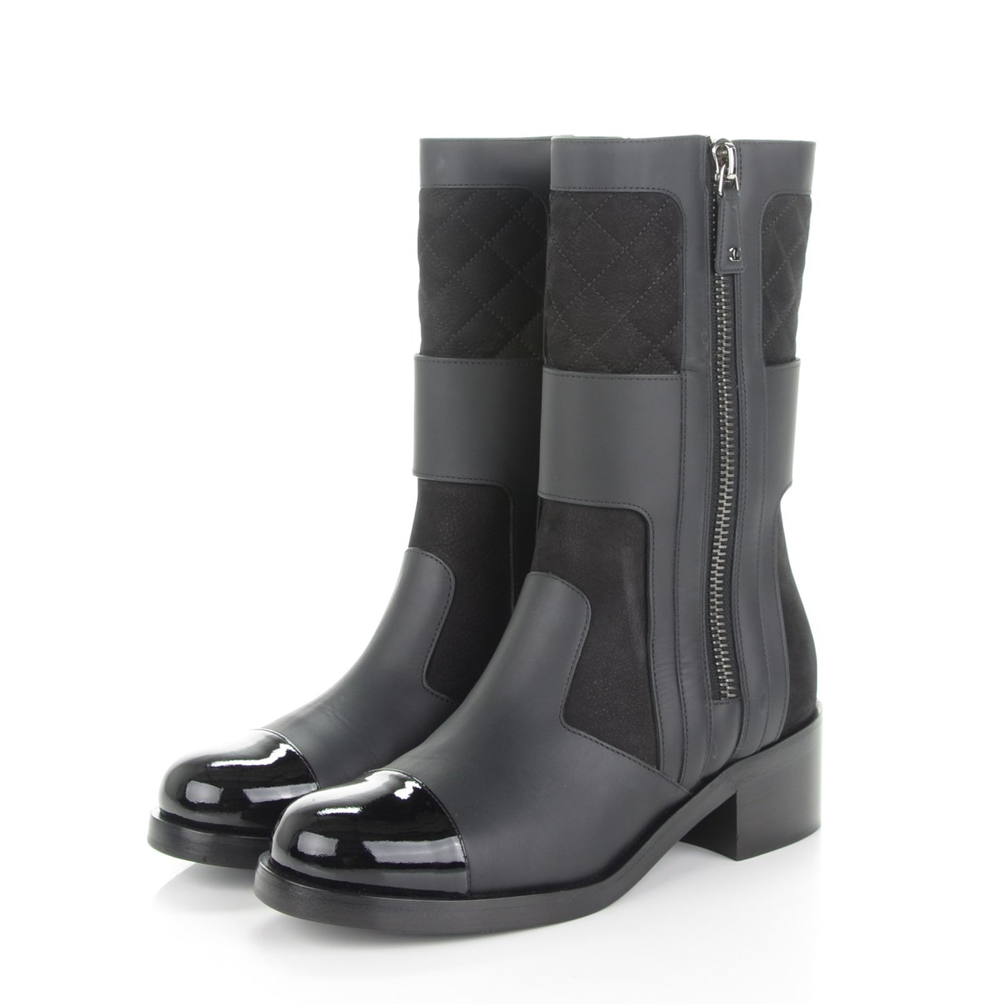 Calfskin Quilted Patent Cap Toe Boots 38.5 Black
