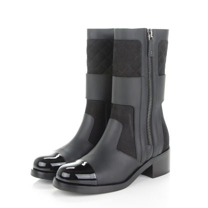 Chanel Calfskin Quilted Patent Cap Toe Boots 38.5 Black 2 of 7