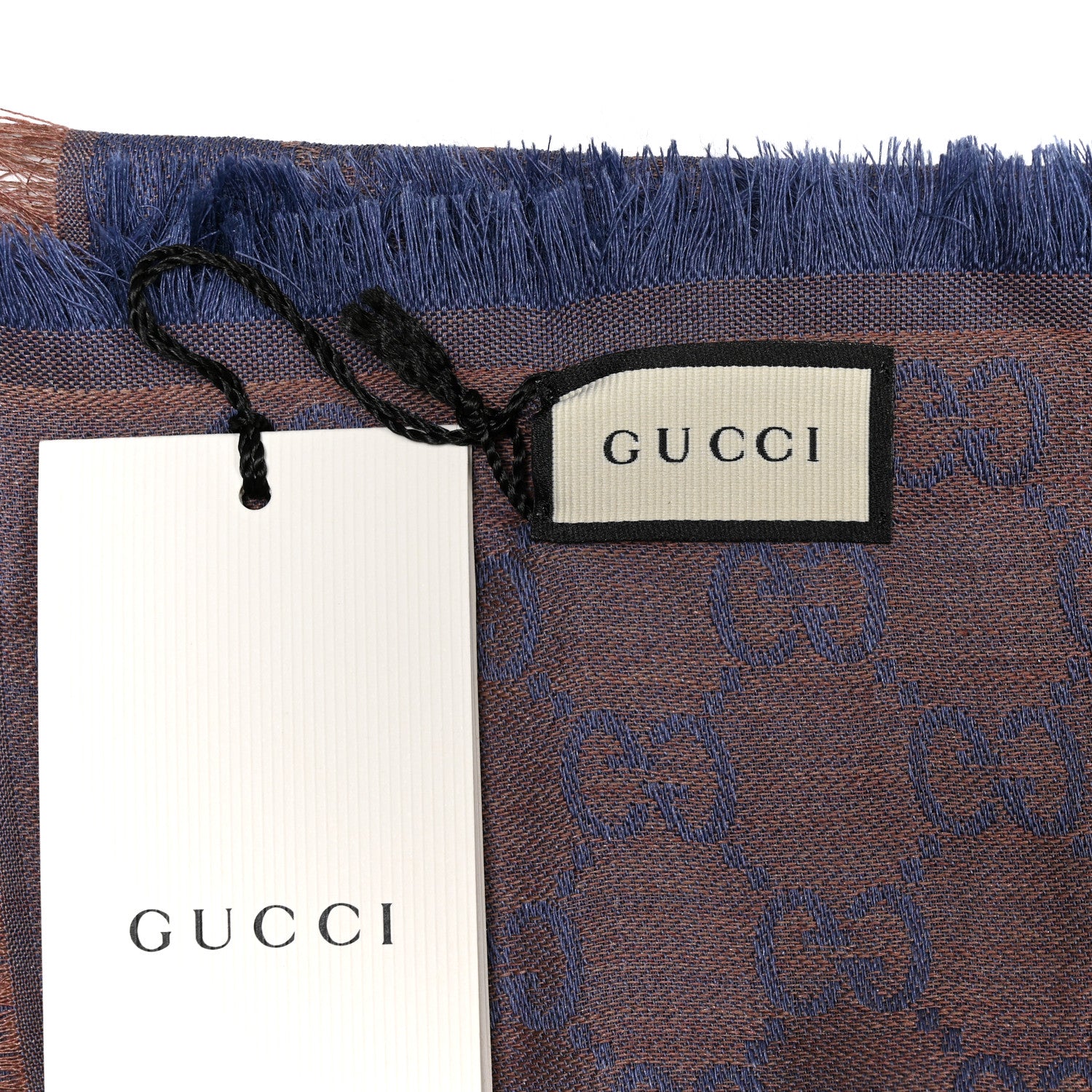 Gucci Wool Silk Monogram GGWeb Fringe Shawl Taupe Sky Blue 2 of 4