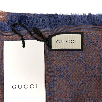Gucci Wool Silk Monogram GGWeb Fringe Shawl Taupe Sky Blue 2 of 4