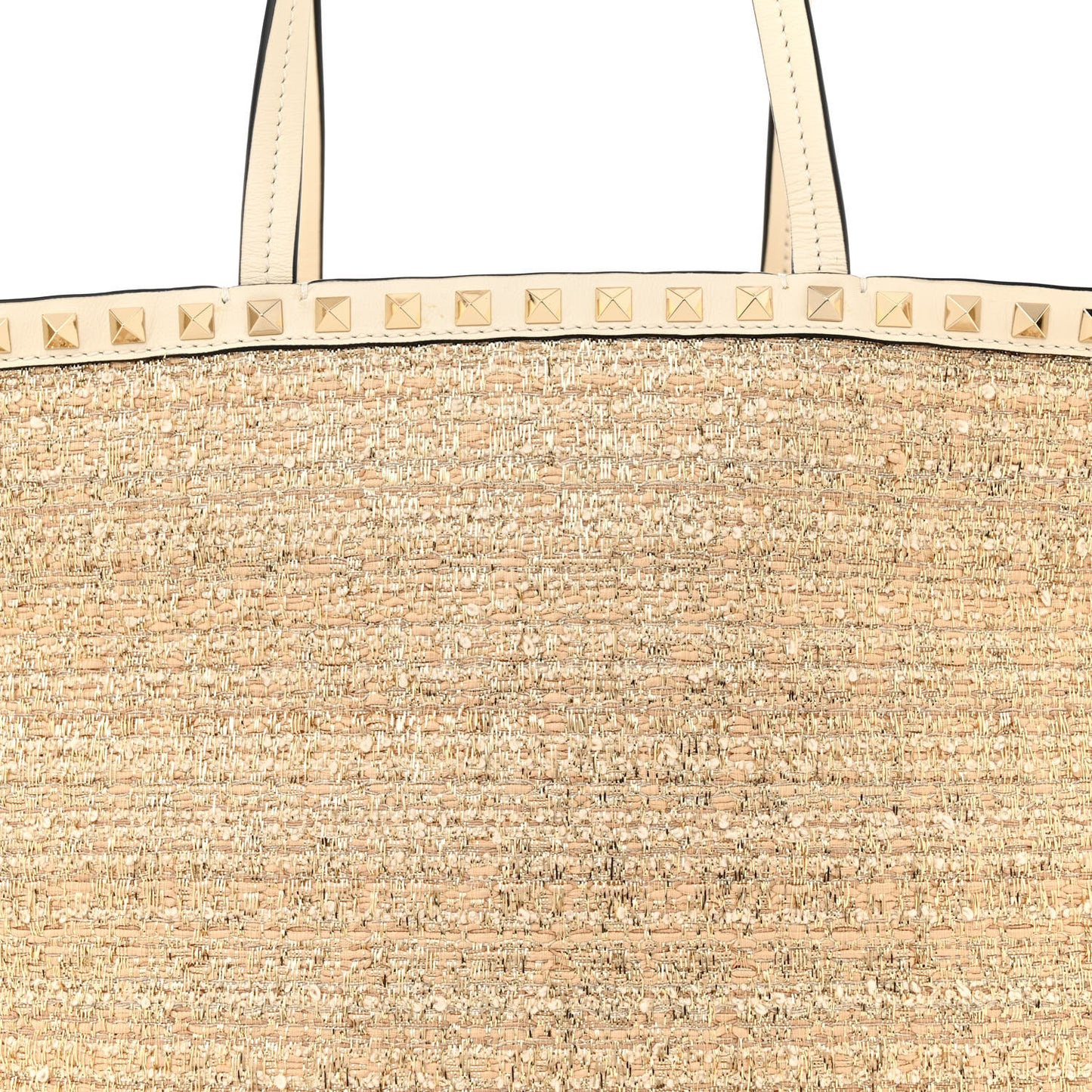 Metallic Boucle Raffia Calfskin Rockstud Shoulder Tote White Gold Ivory