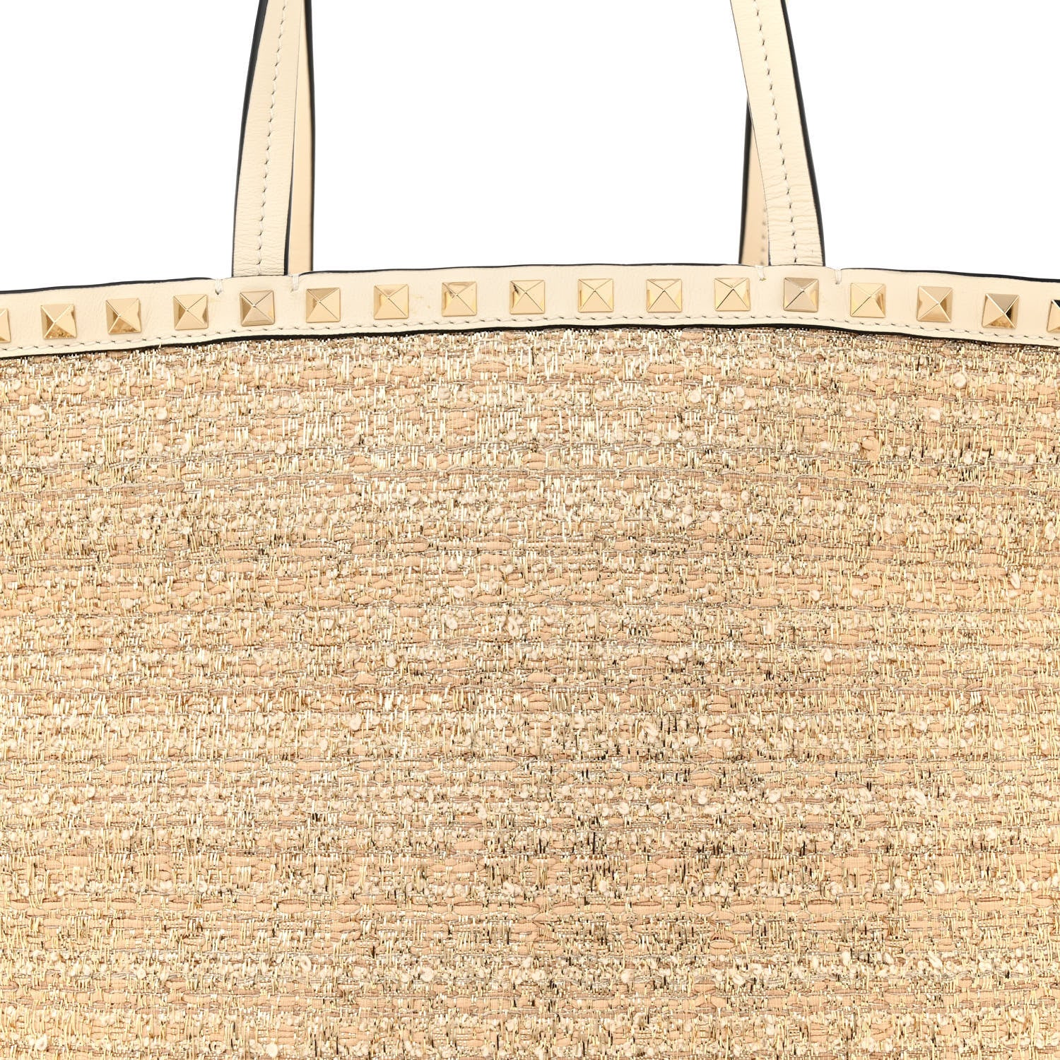 Valentino Garavani Metallic Boucle Raffia Calfskin Rockstud Shoulder Tote White Gold Ivory 7 of 11