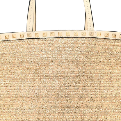 Valentino Garavani Metallic Boucle Raffia Calfskin Rockstud Shoulder Tote White Gold Ivory 7 of 11