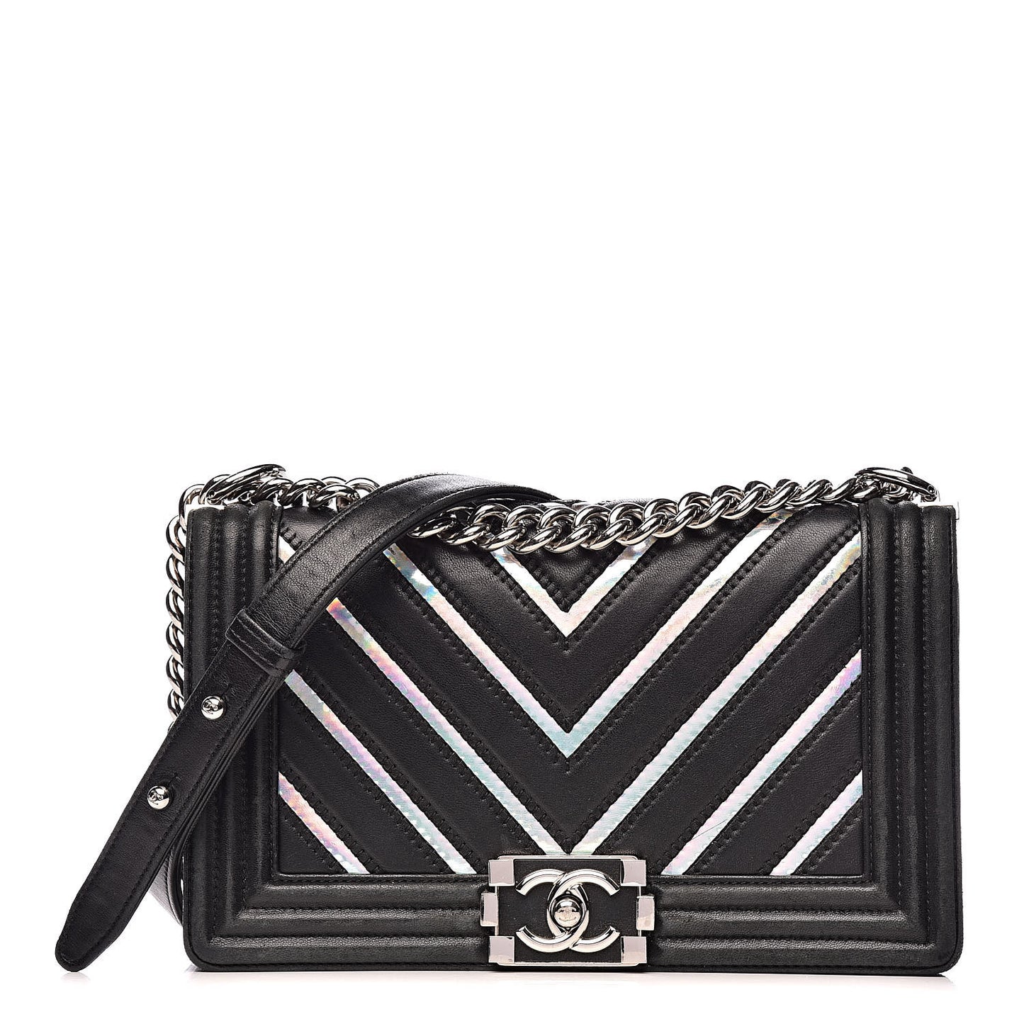 Lambskin Iridescent PVC Chevron Quilted Medium Boy Flap Black Silver