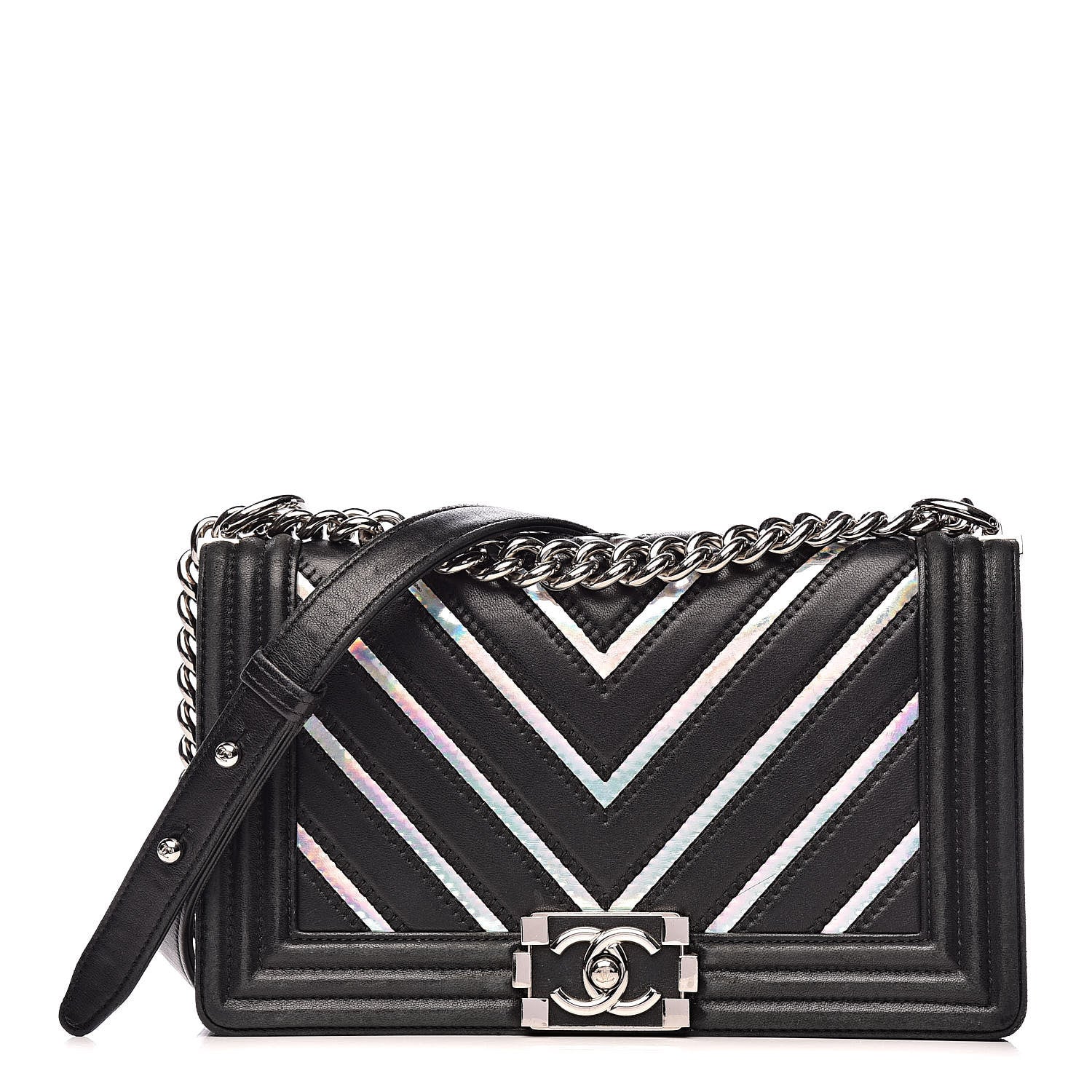 Chanel Lambskin Iridescent PVC Chevron Quilted Medium Boy Flap Black Silver 1 of 20