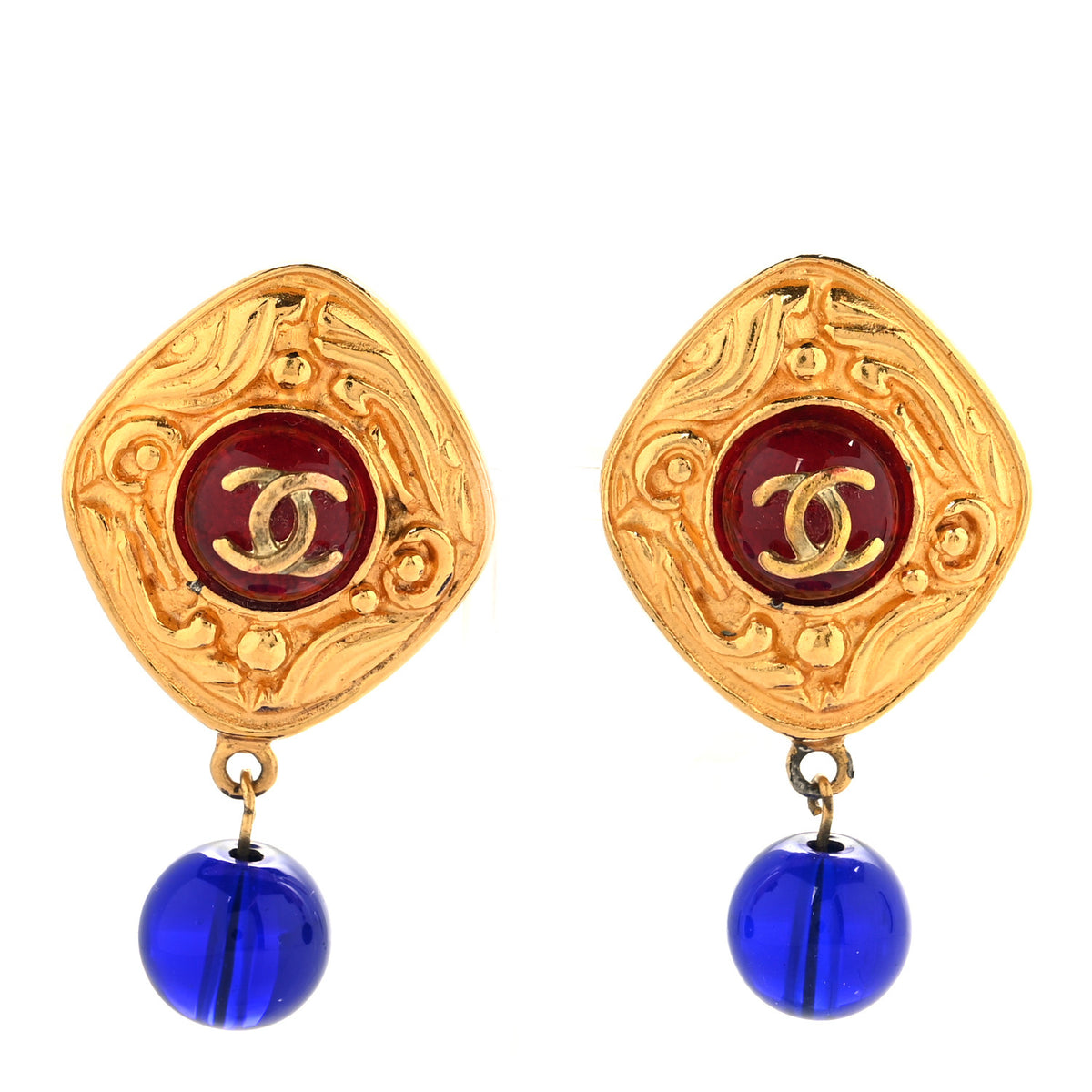 Chanel Metal Gripoix Clip On Earrings Gold Red Blue 1 of 4
