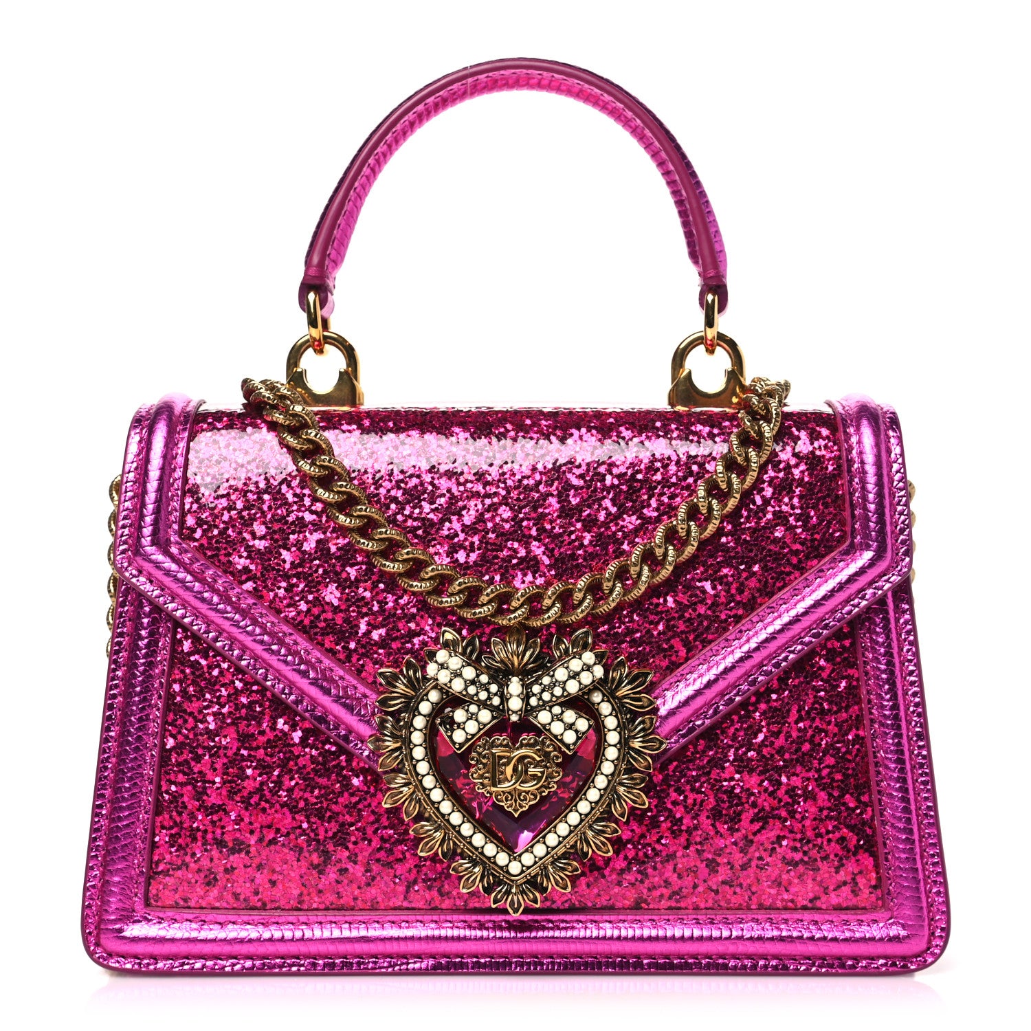 Dolce & Gabbana Glitter Metallic Lizard Small Devotion Top Handle Bag Fuchsia 1 of 10