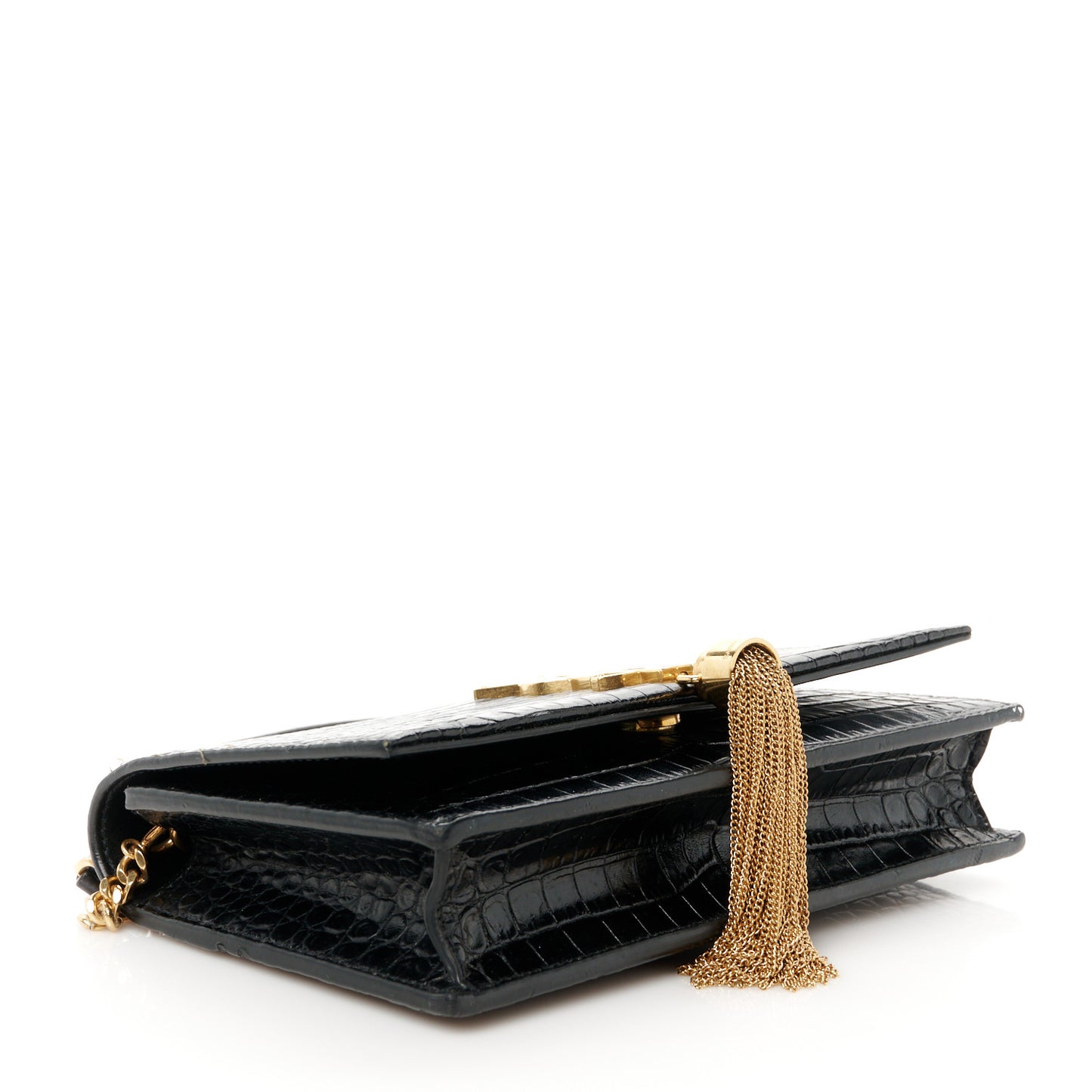 Calfskin Crocodile Embossed Kate Monogram Tassel Chain Wallet Black