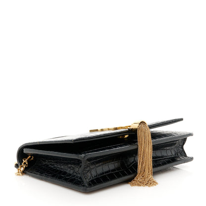 Saint Laurent Calfskin Crocodile Embossed Kate Monogram Tassel Chain Wallet Black 4 of 12