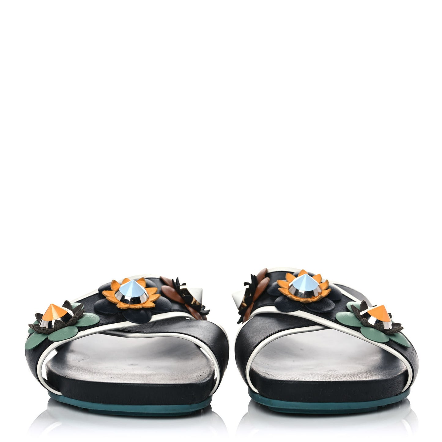 Calfskin Flowerland Studded Slide Sandals 40.5 Multicolor