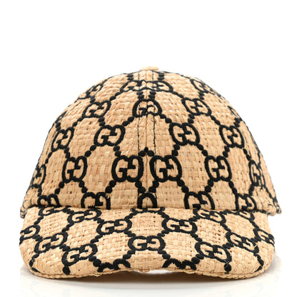 Gucci Raffia GG Monogram Elaphe Embroidered Aisha Baseball Hat M Ivory Black 3 of 11