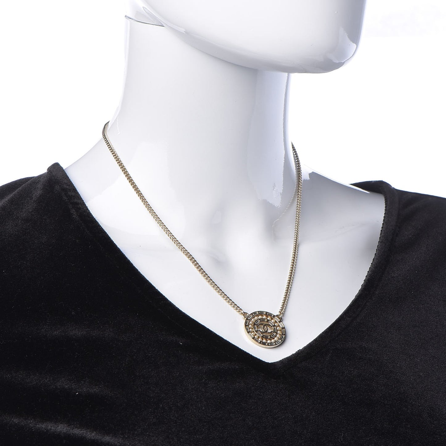 Crystal Pearl CC Medallion Necklace Gold