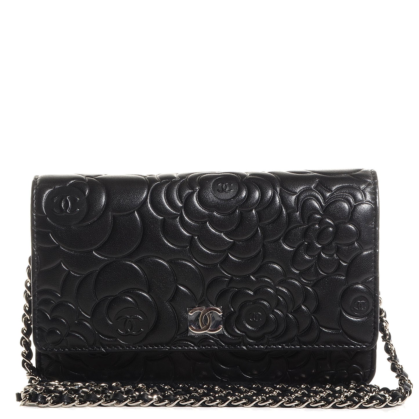 Lambskin Camellia Wallet on Chain WOC Black
