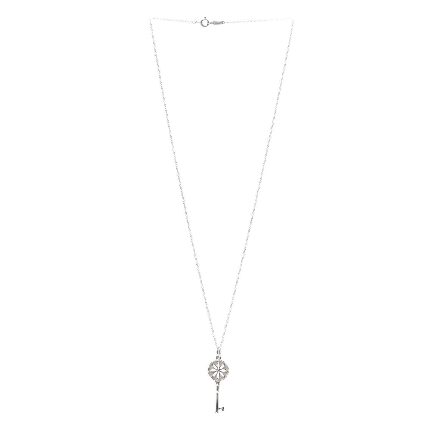 Sterling Silver Diamond Large Daisy Key Pendant Link Necklace