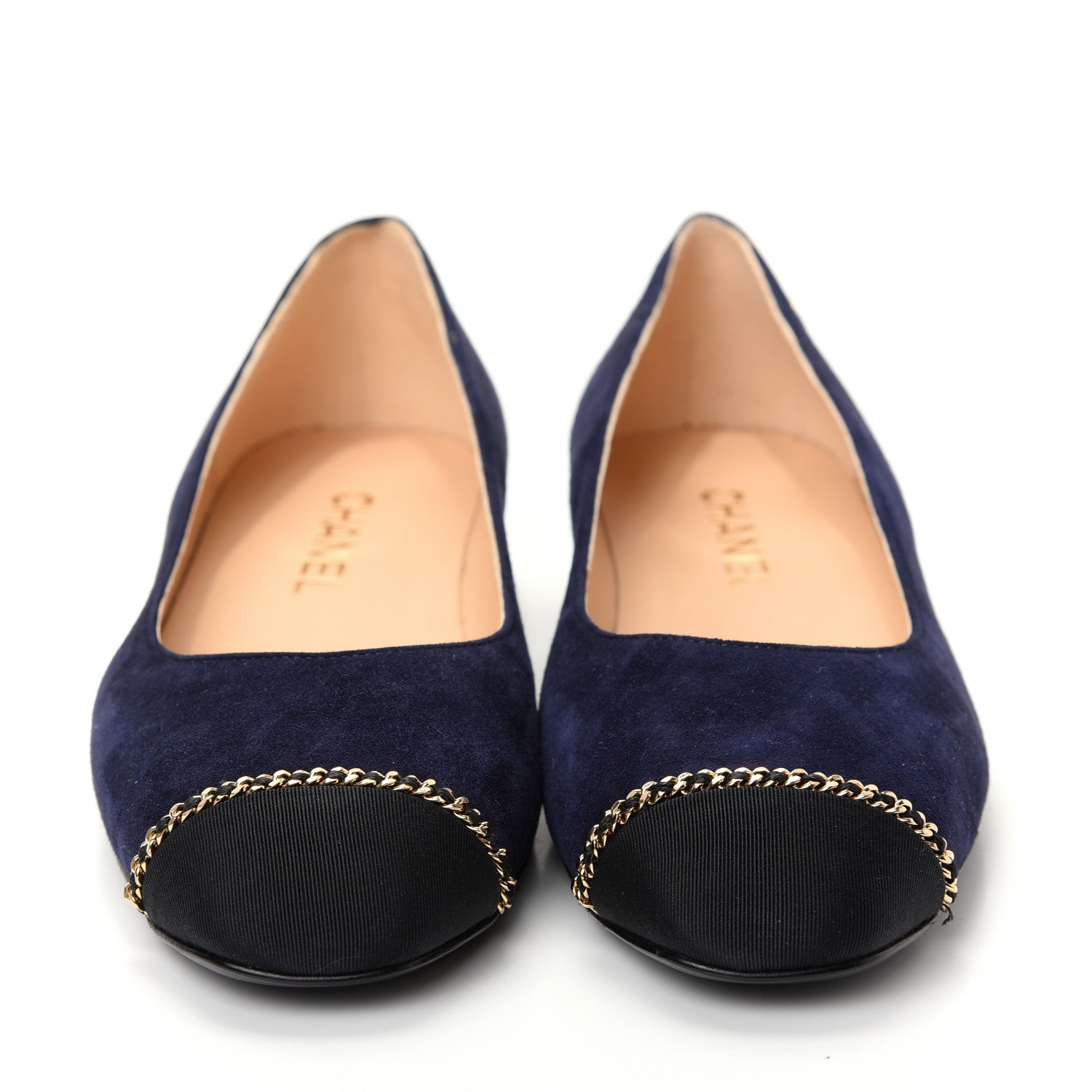 Chanel Suede Calfskin Grosgrain Cap Toe Chain Ballerina Flats 39.5 Navy Blue Black 2 of 10