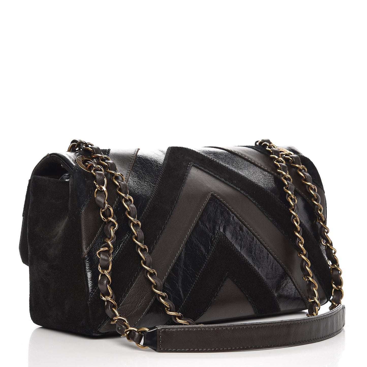 Suede Lambskin Glazed Calfskin Lady Vintage Chevron Flap Brown