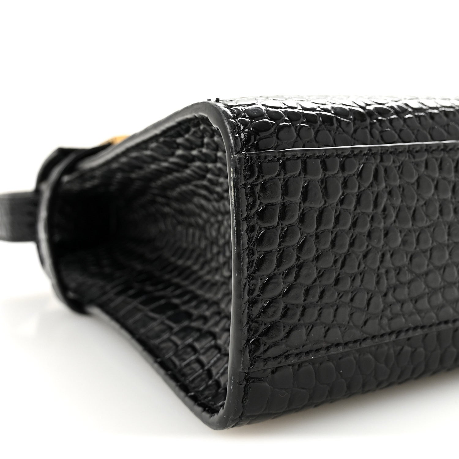 Saint Laurent Shiny Calfskin Crocodile Embossed Manhattan Baguette Black 8 of 9