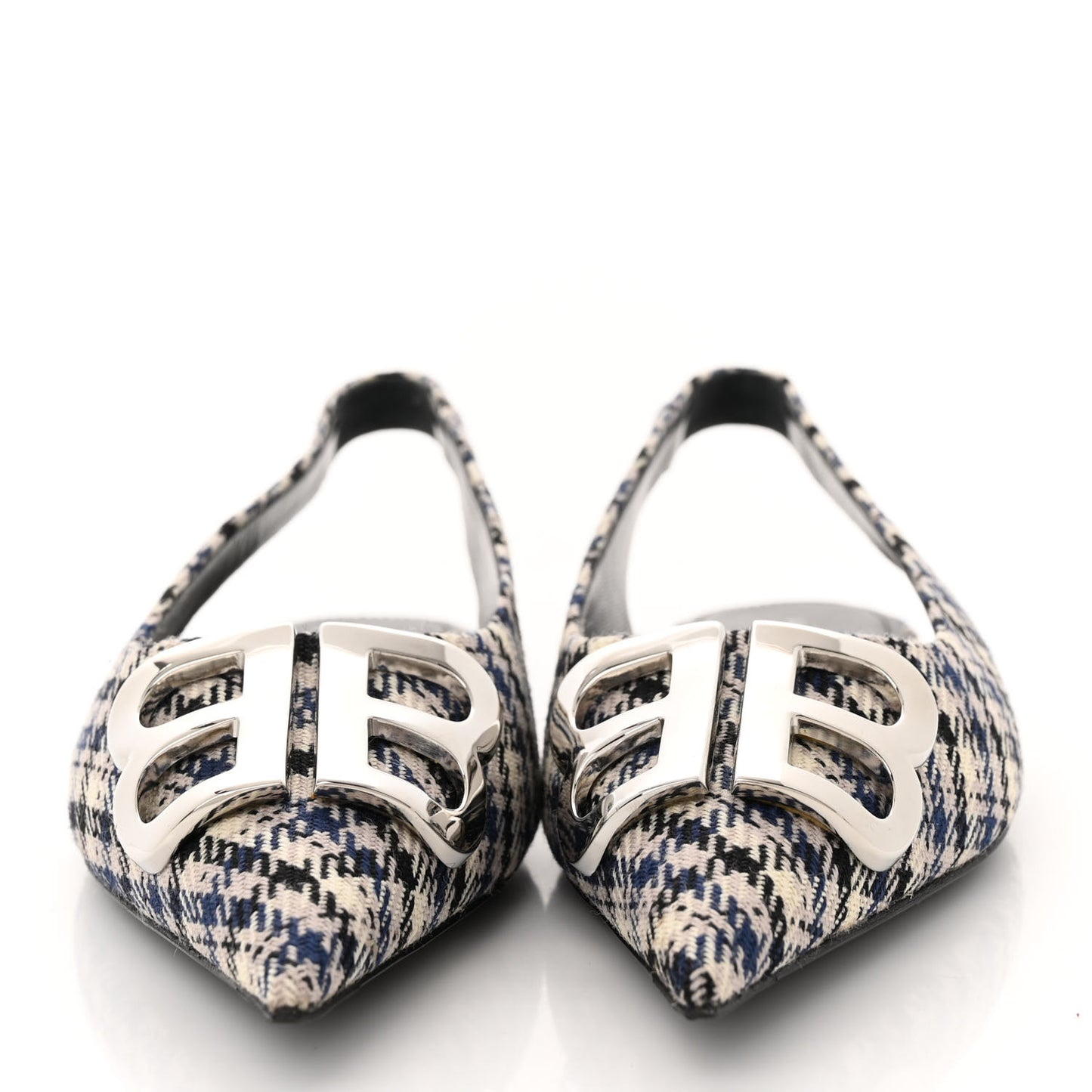 Tweed Prince Of Wales BB Knife Pointy Toe Slingback Flats 36 Beige Navy Silver
