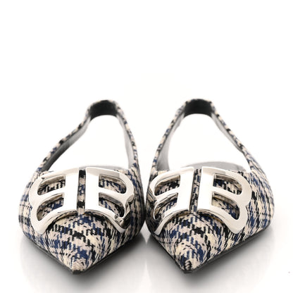 Balenciaga Tweed Prince Of Wales BB Knife Pointy Toe Slingback Flats 36 Beige Navy Silver 2 of 12
