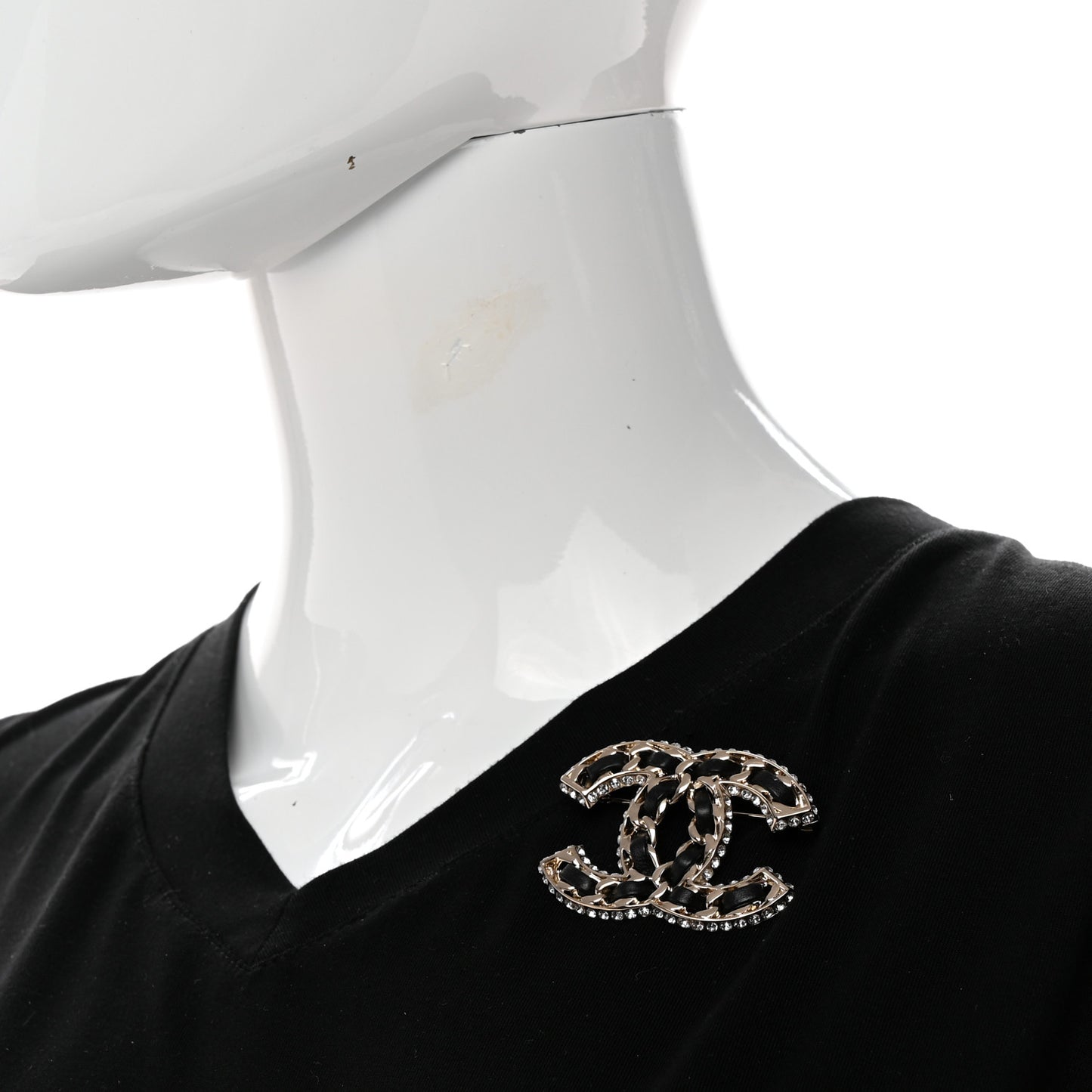 Lambskin Crystal CC Chain Brooch Black Gold