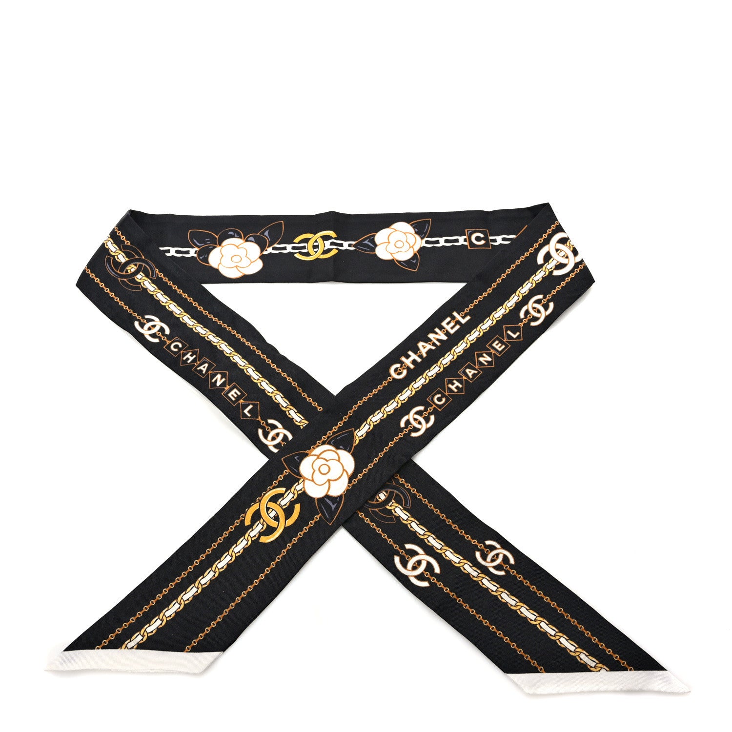 Chanel Silk Camellia CC Chain Slim Bandeau Scarf Black 1 of 3