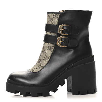 Gucci Kensington Calfskin Nappa GG Supreme Monogram Womens Double Buckle Ankle Boots 40 Black 1 of 9