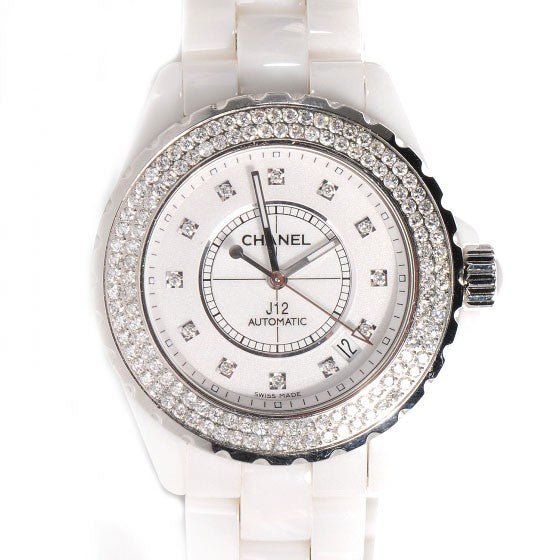 Stainless Steel Ceramic Diamond Pave Bezel 42mm J12 Automatic Watch White