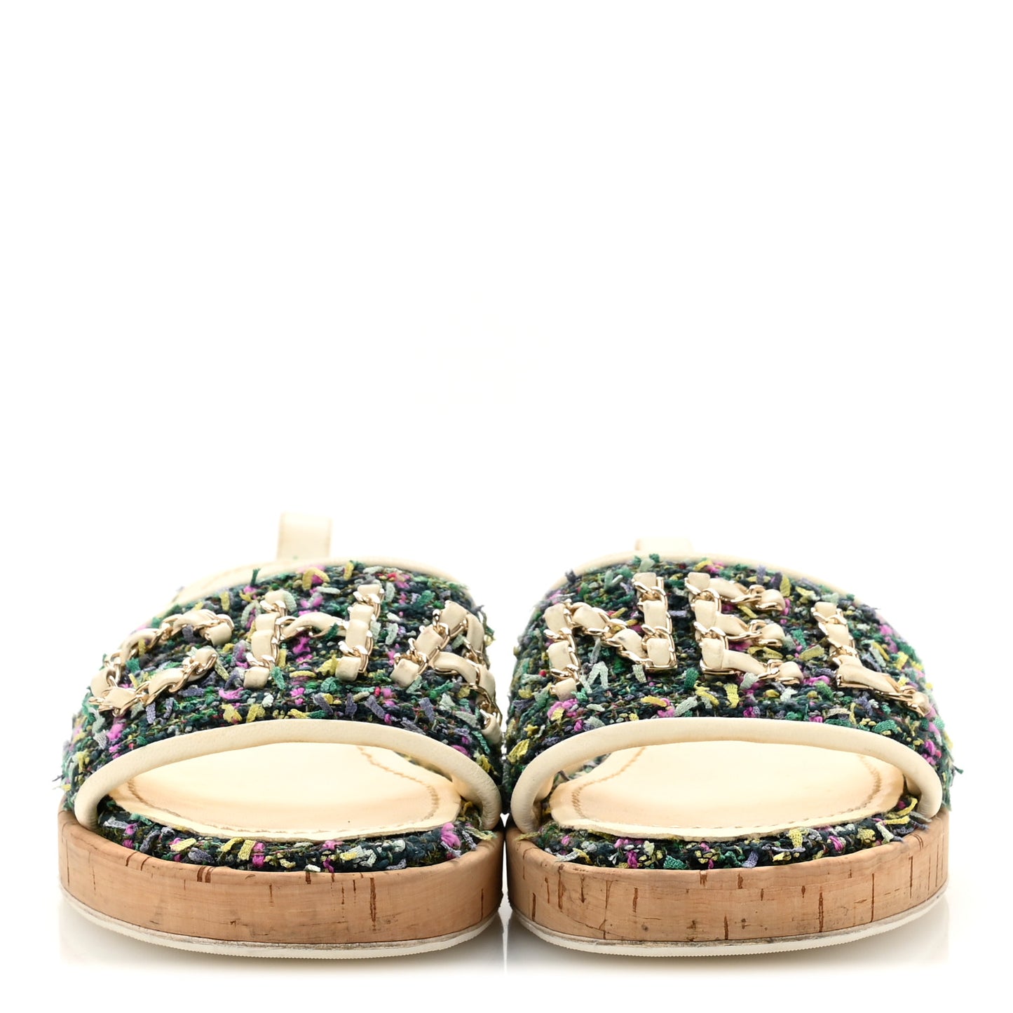 Tweed Cork CC Chain Mule Sandal 36.5 Green Multicolor