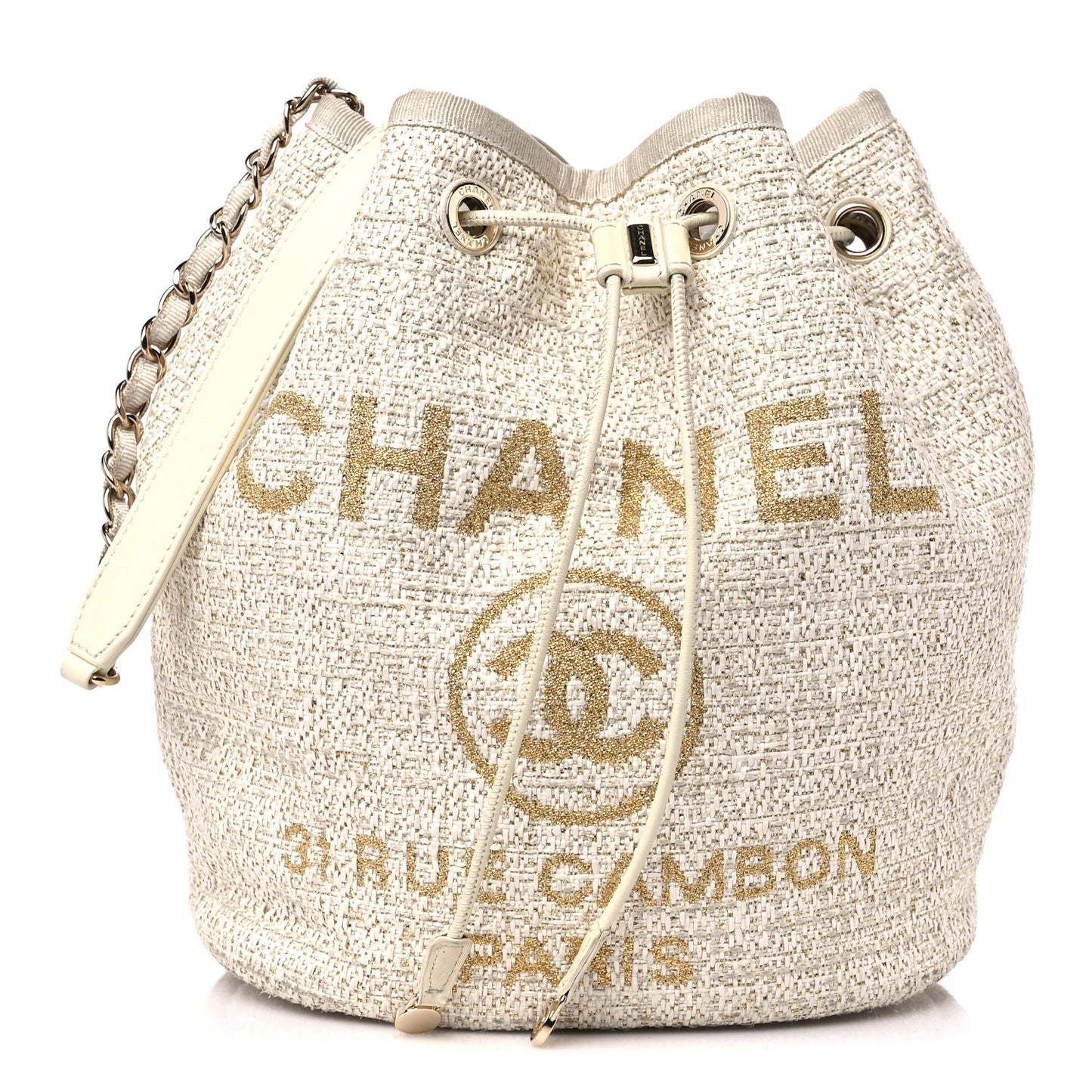 Lurex Boucle Deauville Drawstring Bucket Bag Ivory