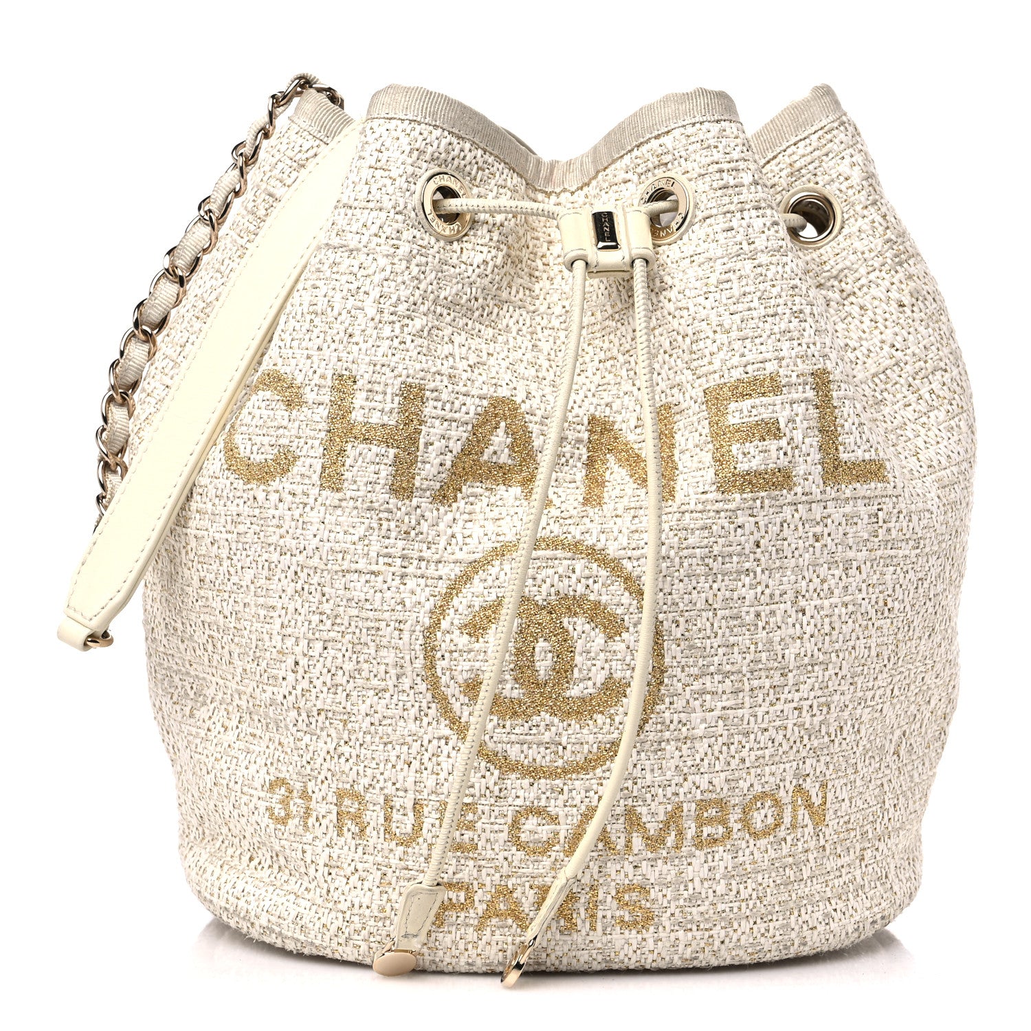 Chanel Lurex Boucle Deauville Drawstring Bucket Bag Ivory 1 of 14