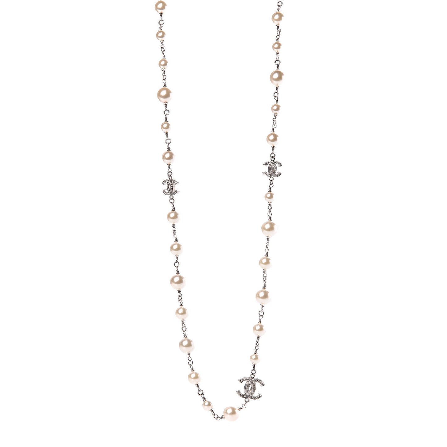 Crystal Pearl CC Long Necklace Silver