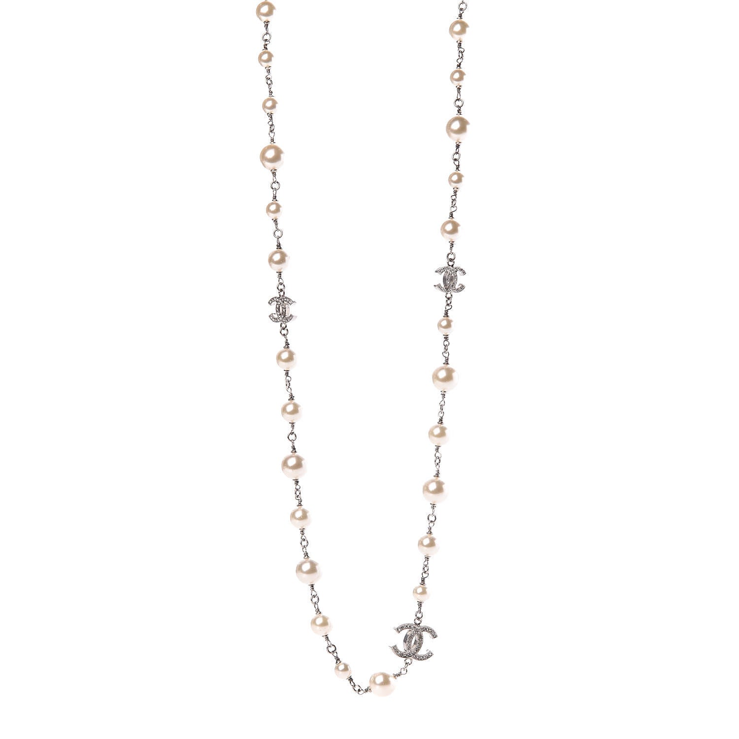 Chanel Crystal Pearl CC Long Necklace Silver 1 of 6