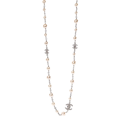 Chanel Crystal Pearl CC Long Necklace Silver 1 of 6