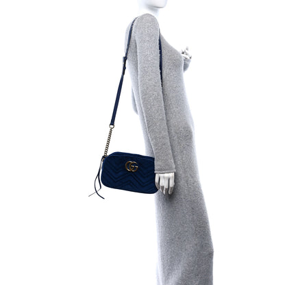 Gucci Velvet Matelasse Small GG Marmont Chain Shoulder Bag Cobalt 2 of 11