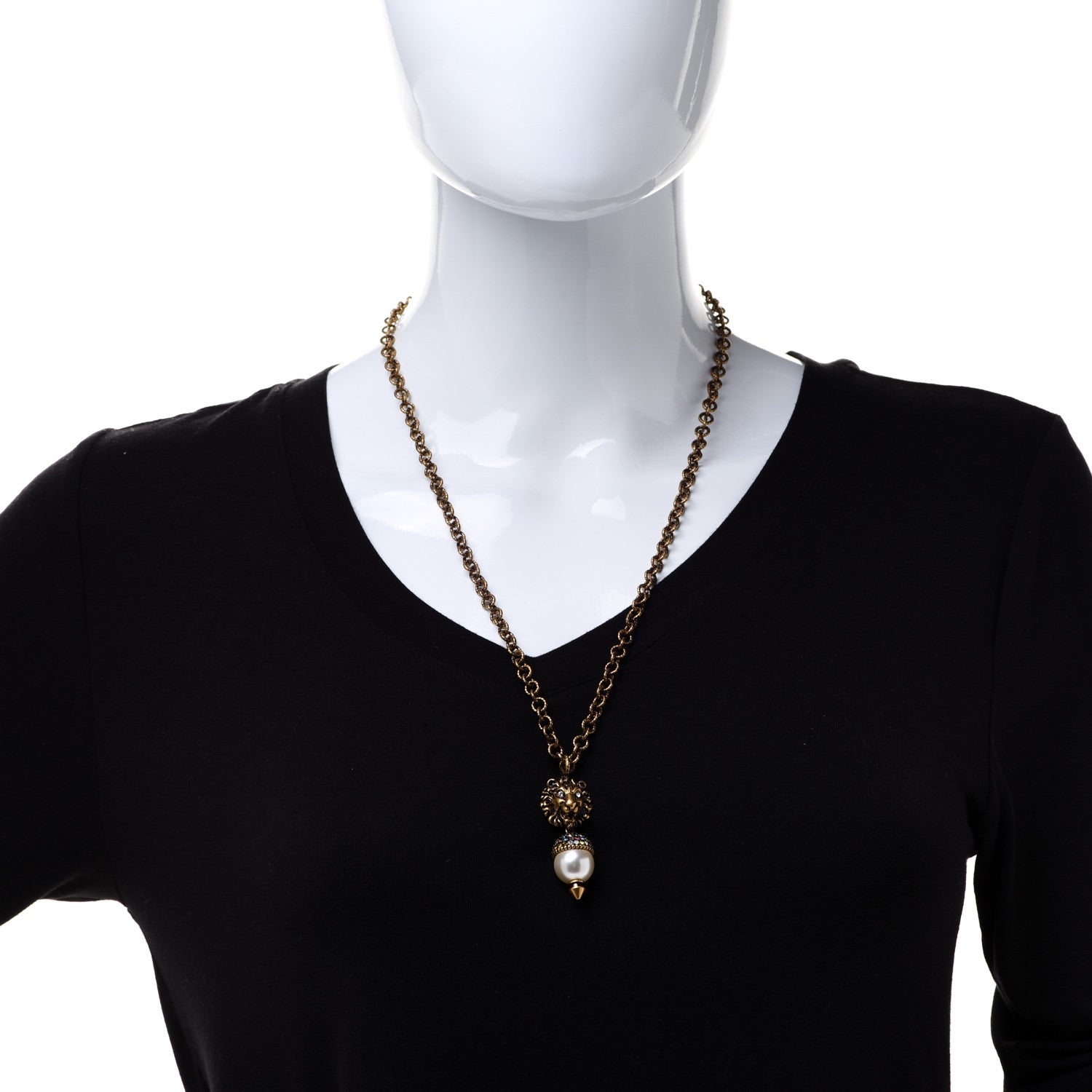 Gucci Metal Crystal Pearl Lion Head Necklace Aged Gold 2 of 7