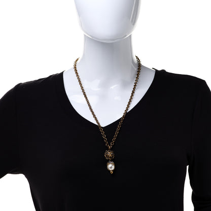Gucci Metal Crystal Pearl Lion Head Necklace Aged Gold 2 of 7