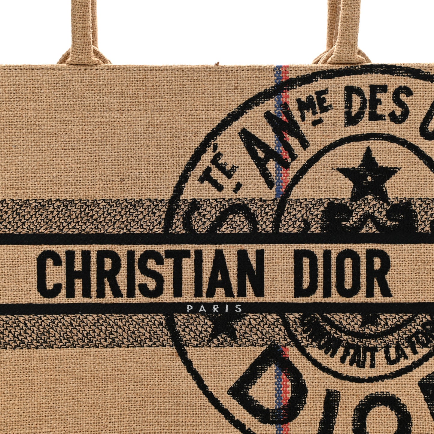 Canvas Jute Embroidered Medium Book Tote Black Beige
