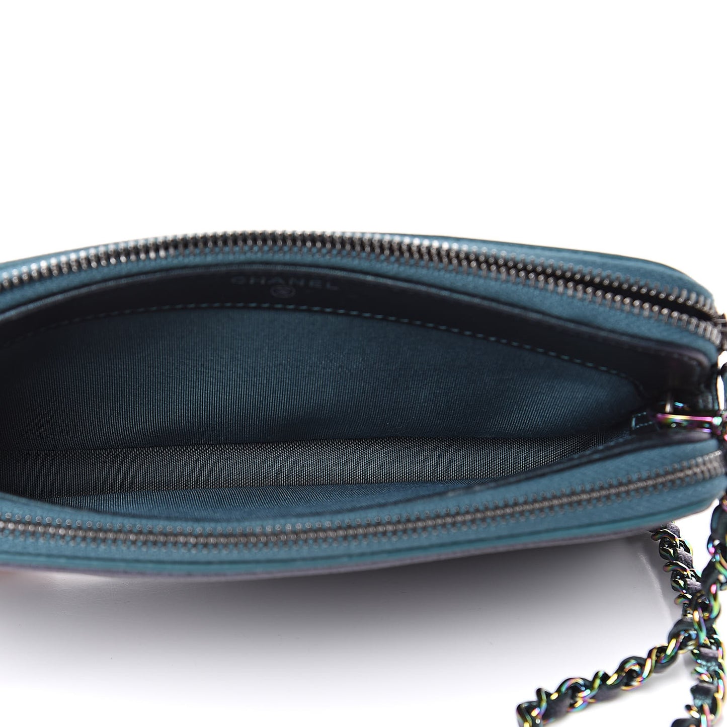 Iridescent Caviar Quilted CC Filigree Clutch With Chain Dark Turquoise