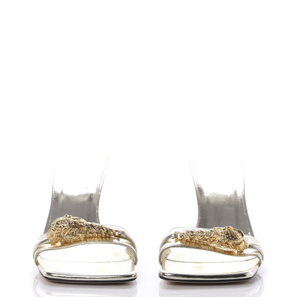 Gucci Metallic Nappa Dora Tiger Head Mid Heel Slide Sandals 37 Platino 2 of 9