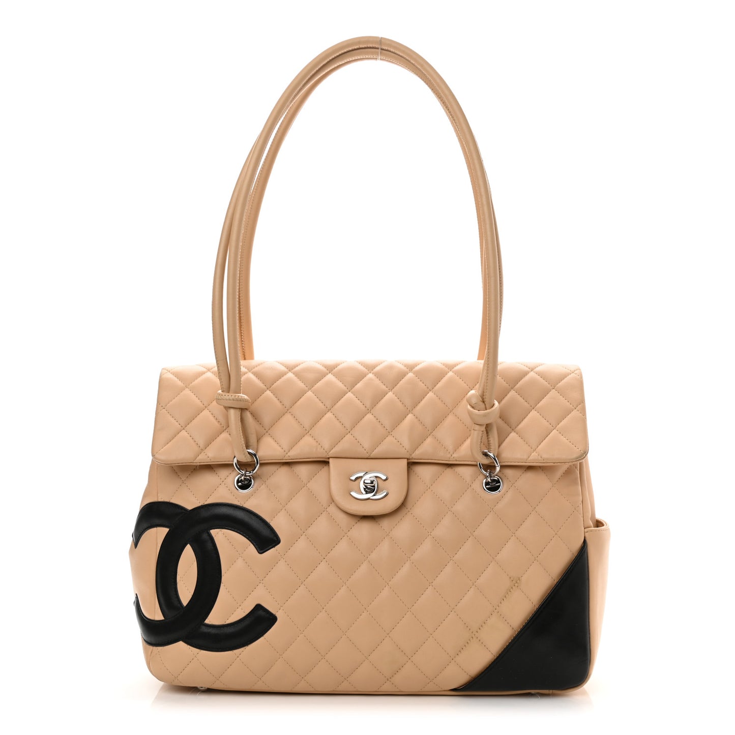 Calfskin Quilted Large Cambon Flap Beige Black